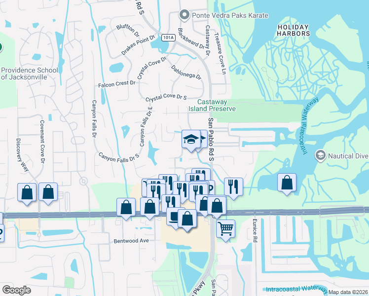 map of restaurants, bars, coffee shops, grocery stores, and more near 3044 San Pablo Road South in Jacksonville