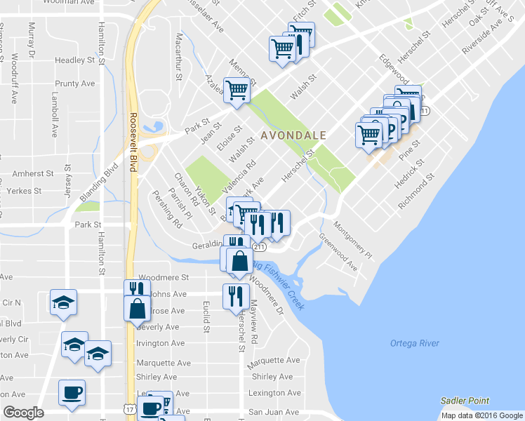 map of restaurants, bars, coffee shops, grocery stores, and more near 1714 Canterbury Street in Jacksonville