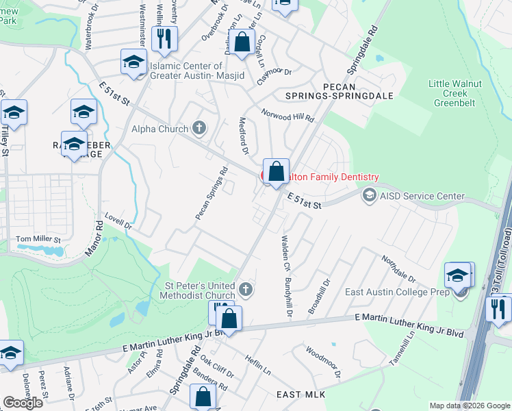 map of restaurants, bars, coffee shops, grocery stores, and more near 4809 Pecan Springs Road in Austin