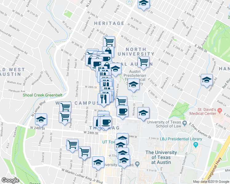 map of restaurants, bars, coffee shops, grocery stores, and more near 210 West 27th Street in Austin