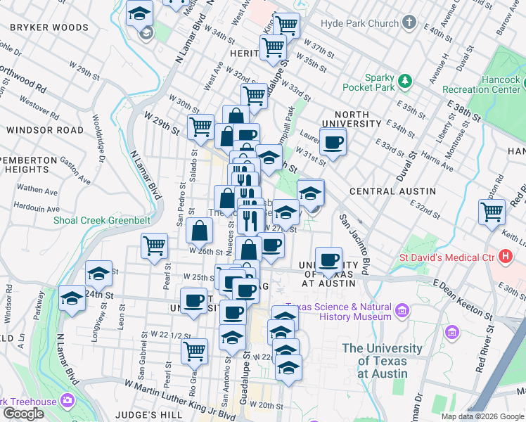 map of restaurants, bars, coffee shops, grocery stores, and more near 2712A Guadalupe Street in Austin