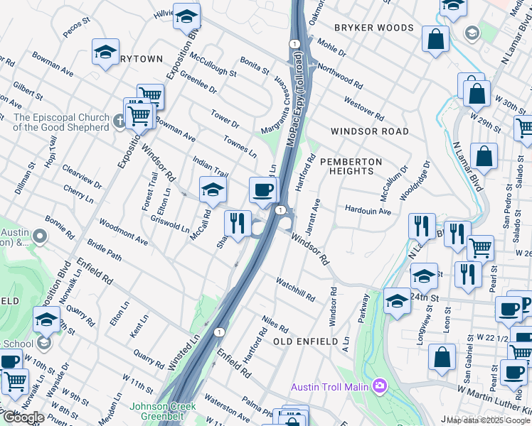 map of restaurants, bars, coffee shops, grocery stores, and more near 2400 Winsted Lane in Austin