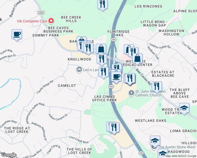 map of restaurants, bars, coffee shops, grocery stores, and more near 807 Castle Ridge Road in Austin