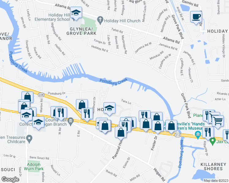 map of restaurants, bars, coffee shops, grocery stores, and more near 7607 Tara Lane in Jacksonville