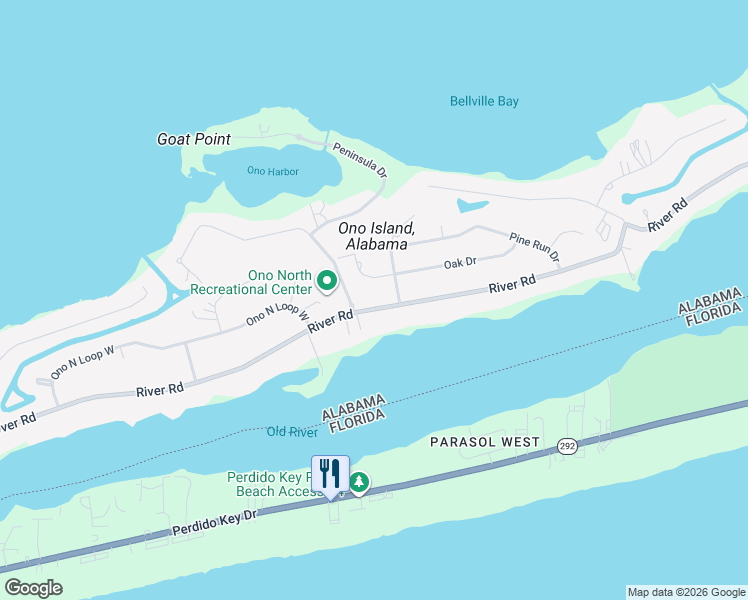 map of restaurants, bars, coffee shops, grocery stores, and more near 31087 River Road in Orange Beach