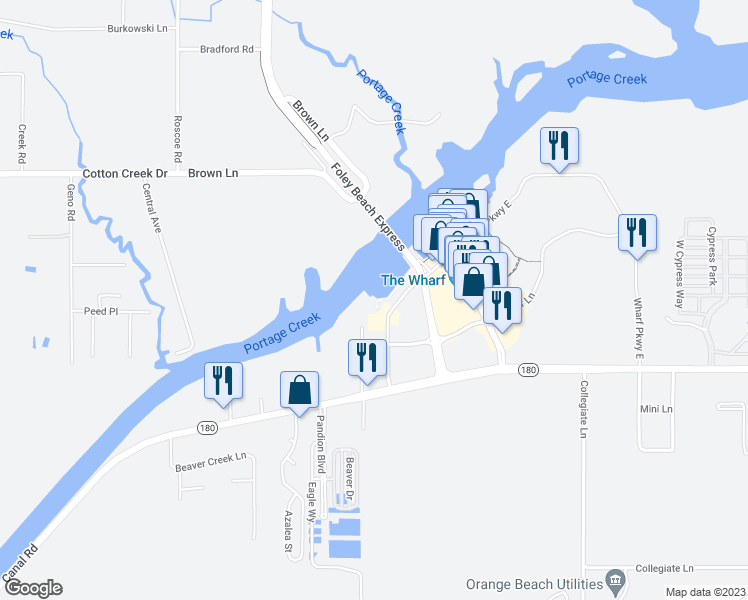 map of restaurants, bars, coffee shops, grocery stores, and more near 4673 Wharf Parkway West in Orange Beach