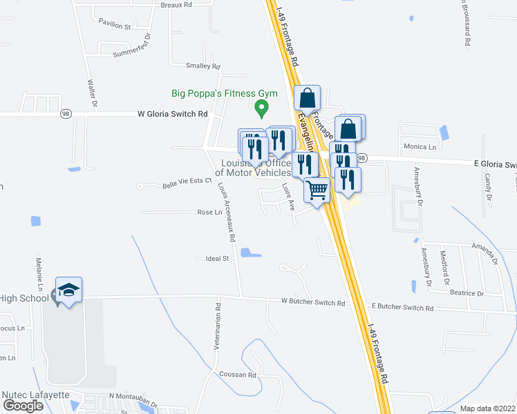 map of restaurants, bars, coffee shops, grocery stores, and more near 300 Cantal Drive in Lafayette
