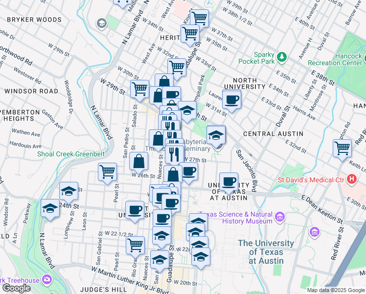 map of restaurants, bars, coffee shops, grocery stores, and more near 2712A Guadalupe Street in Austin