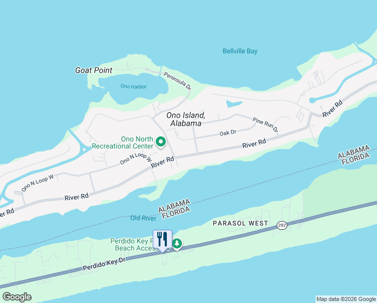 map of restaurants, bars, coffee shops, grocery stores, and more near 31087 River Rd in Orange Beach