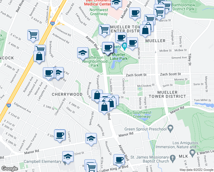 map of restaurants, bars, coffee shops, grocery stores, and more near Airport Boulevard in Austin