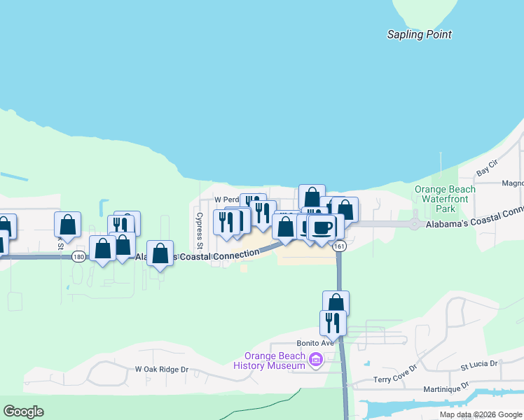map of restaurants, bars, coffee shops, grocery stores, and more near 25689 Canal Road in Orange Beach