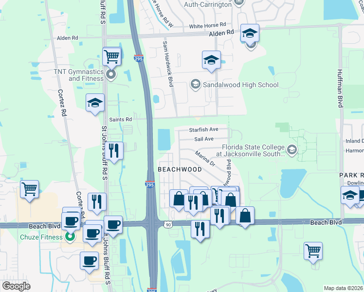 map of restaurants, bars, coffee shops, grocery stores, and more near 2929 Mangrove Avenue in Jacksonville