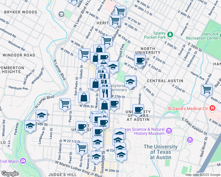map of restaurants, bars, coffee shops, grocery stores, and more near 2712A Guadalupe Street in Austin
