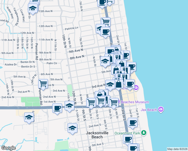 map of restaurants, bars, coffee shops, grocery stores, and more near 503 North 6th Street in Jacksonville Beach