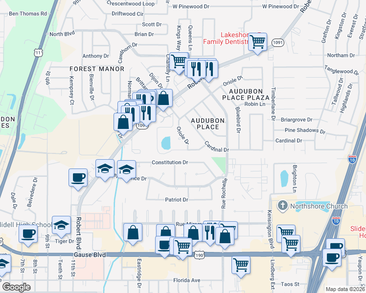 map of restaurants, bars, coffee shops, grocery stores, and more near 241 Martin Lane in Slidell
