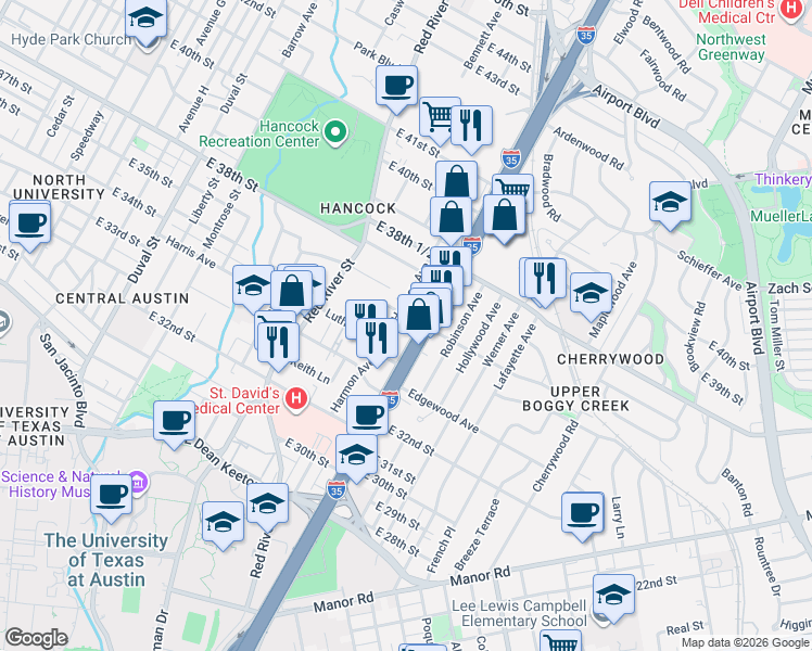 map of restaurants, bars, coffee shops, grocery stores, and more near 1017 Concordia Avenue in Austin