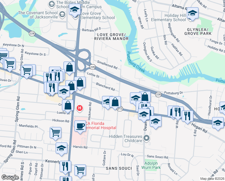 map of restaurants, bars, coffee shops, grocery stores, and more near 6269 Beach Boulevard in Jacksonville