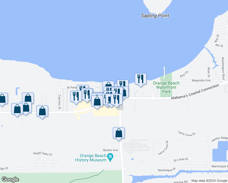 map of restaurants, bars, coffee shops, grocery stores, and more near 25957 Canal Road in Orange Beach