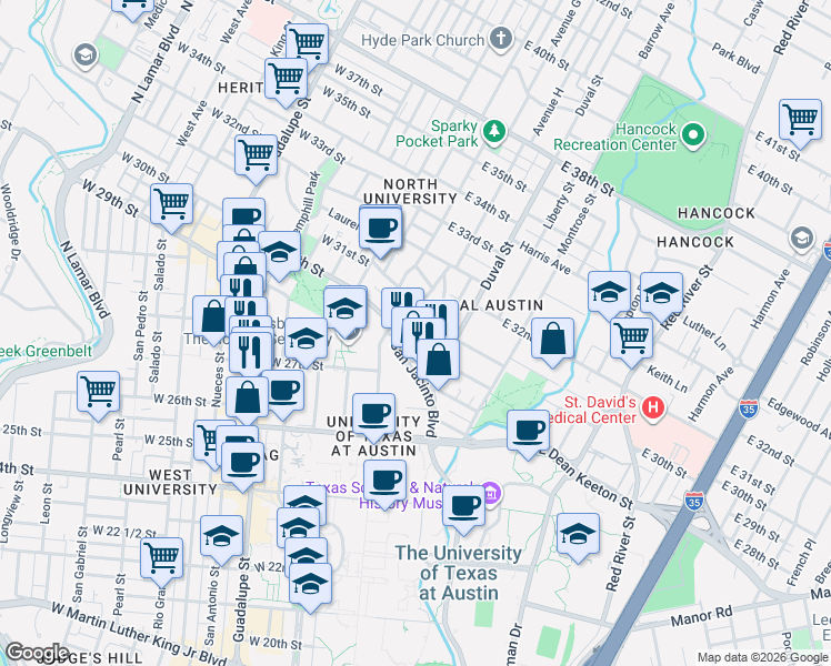 map of restaurants, bars, coffee shops, grocery stores, and more near 2911 San Jacinto Boulevard in Austin
