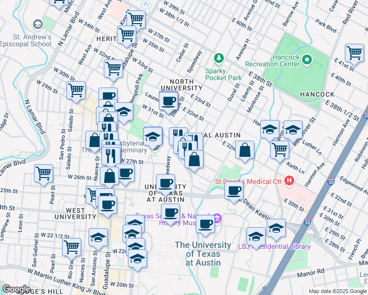 map of restaurants, bars, coffee shops, grocery stores, and more near 306 East 30th Street in Austin