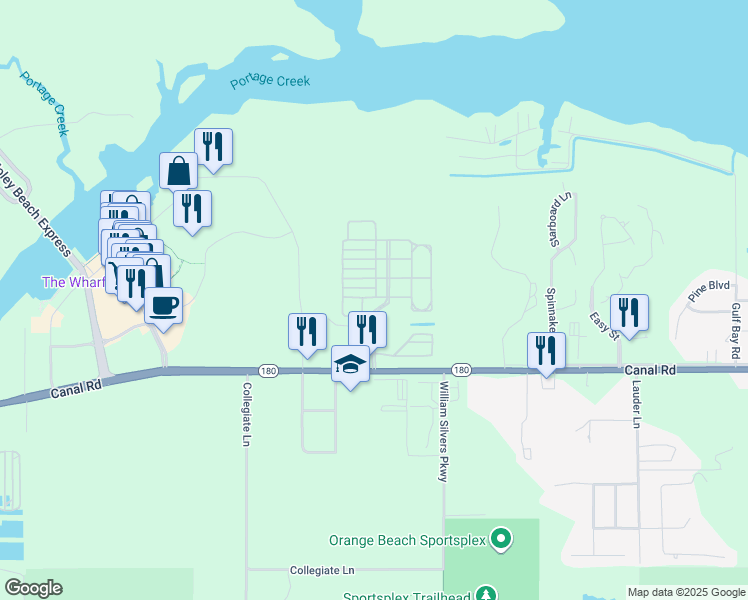 map of restaurants, bars, coffee shops, grocery stores, and more near 23833 Cypress Manor in Orange Beach
