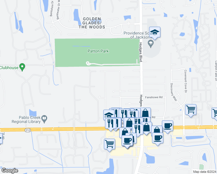 map of restaurants, bars, coffee shops, grocery stores, and more near 2983 Brougham in Jacksonville
