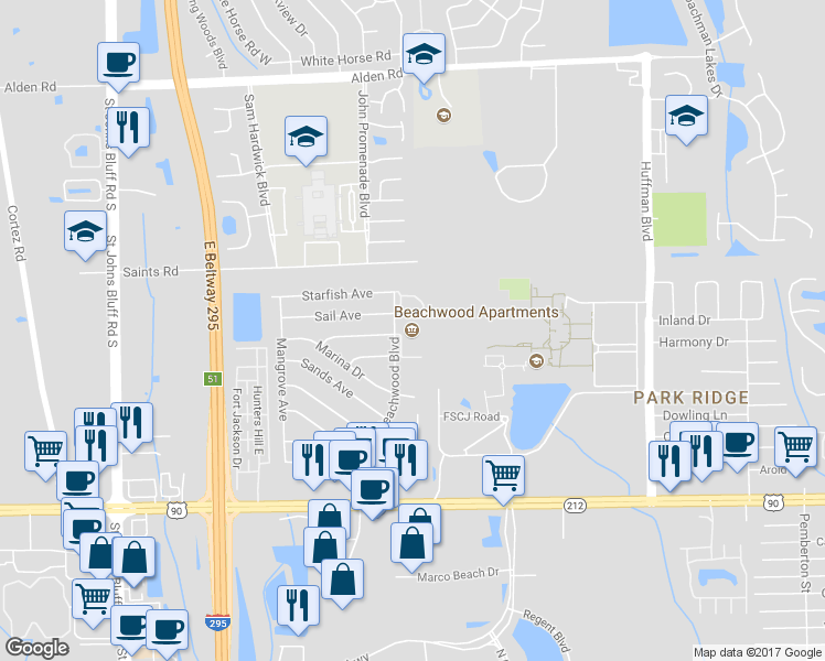 map of restaurants, bars, coffee shops, grocery stores, and more near 2901 Beachwood Boulevard in Jacksonville