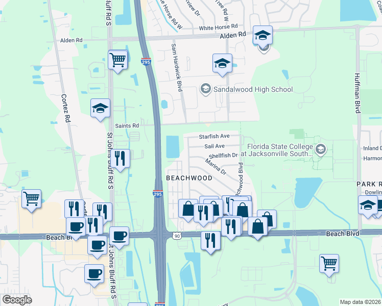 map of restaurants, bars, coffee shops, grocery stores, and more near 2929 Mangrove Avenue in Jacksonville