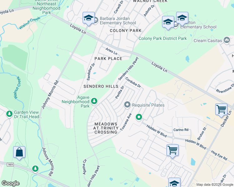map of restaurants, bars, coffee shops, grocery stores, and more near 6104 Perlita Drive in Austin