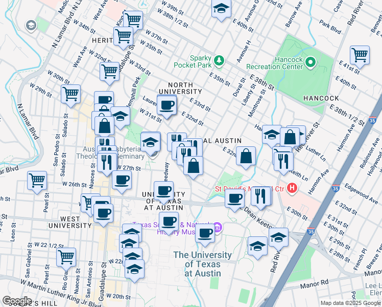 map of restaurants, bars, coffee shops, grocery stores, and more near 3006 Duval Street in Austin