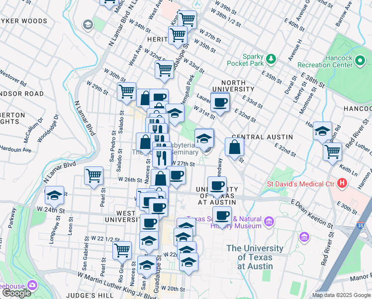 map of restaurants, bars, coffee shops, grocery stores, and more near 210 West 27th Street in Austin