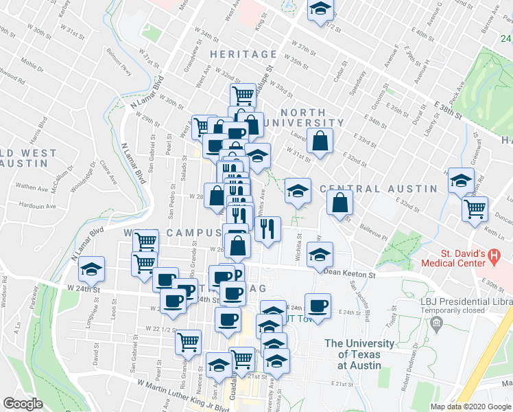 map of restaurants, bars, coffee shops, grocery stores, and more near 210 West 27th Street in Austin