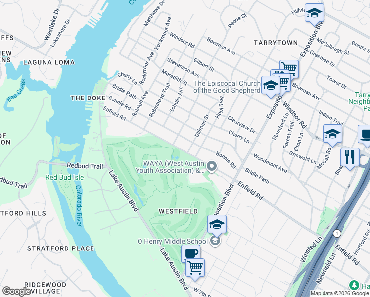 map of restaurants, bars, coffee shops, grocery stores, and more near 3206 Enfield Road in Austin