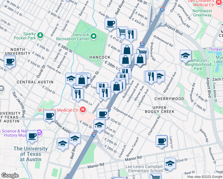 map of restaurants, bars, coffee shops, grocery stores, and more near 1017 Concordia Avenue in Austin