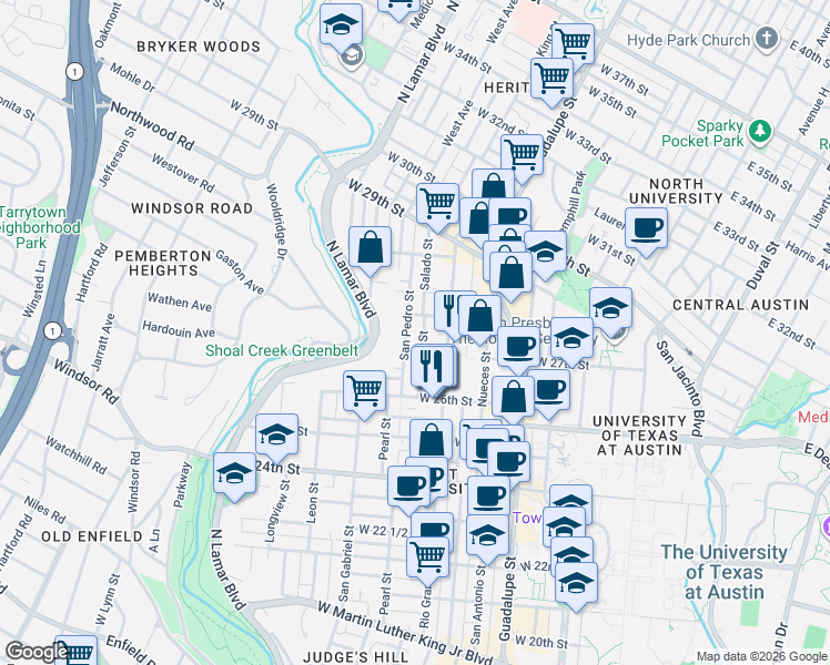 map of restaurants, bars, coffee shops, grocery stores, and more near 2614 San Pedro Street in Austin