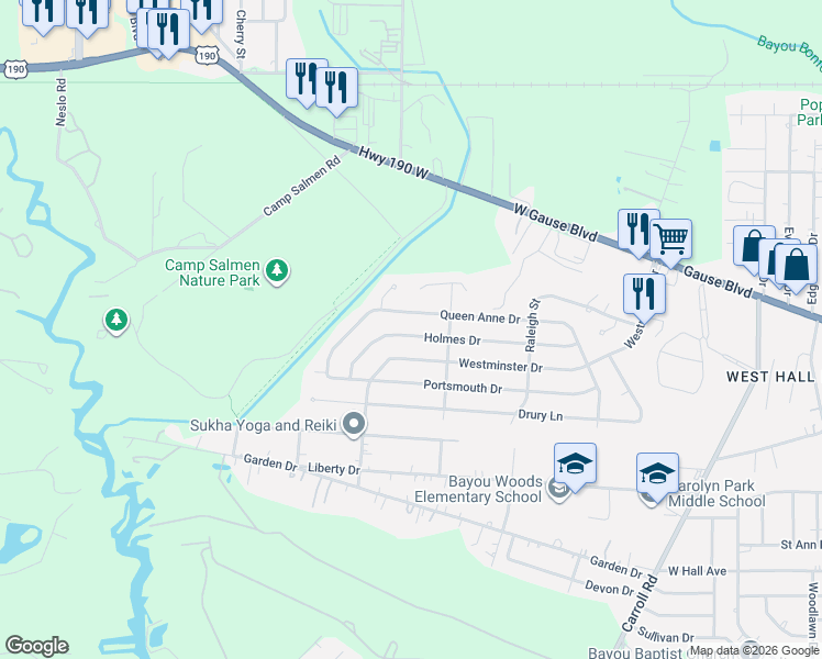 map of restaurants, bars, coffee shops, grocery stores, and more near 411 Holmes Drive in Slidell
