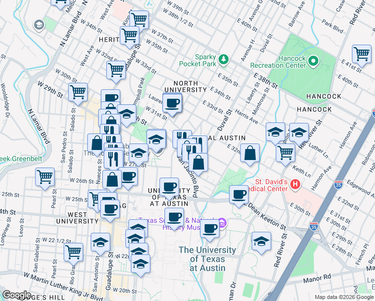 map of restaurants, bars, coffee shops, grocery stores, and more near 2911 San Jacinto Boulevard in Austin