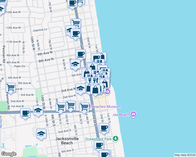 map of restaurants, bars, coffee shops, grocery stores, and more near 122 4th Avenue North in Jacksonville Beach