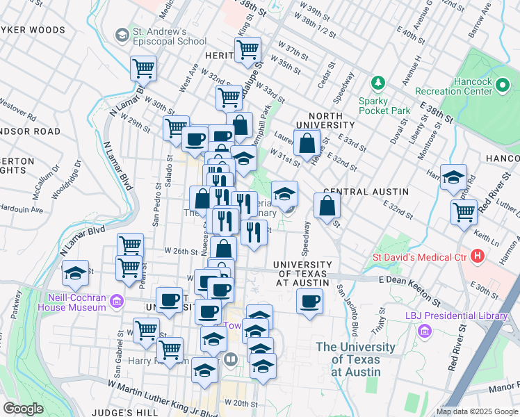 map of restaurants, bars, coffee shops, grocery stores, and more near 210 West 27th Street in Austin