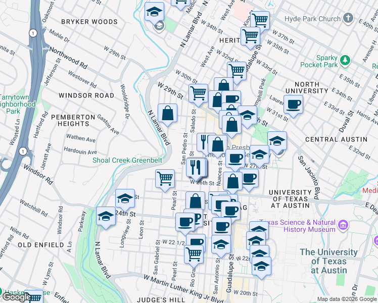 map of restaurants, bars, coffee shops, grocery stores, and more near 2706 Salado Street in Austin