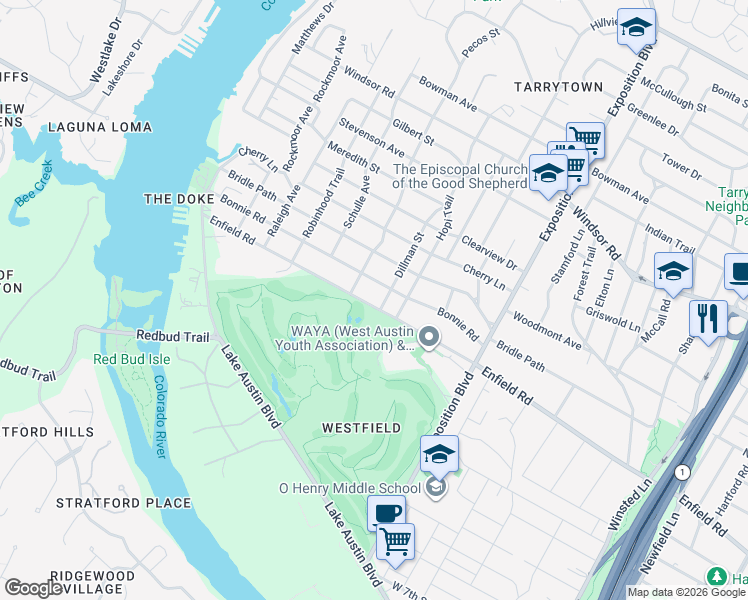 map of restaurants, bars, coffee shops, grocery stores, and more near 3206 Enfield Road in Austin