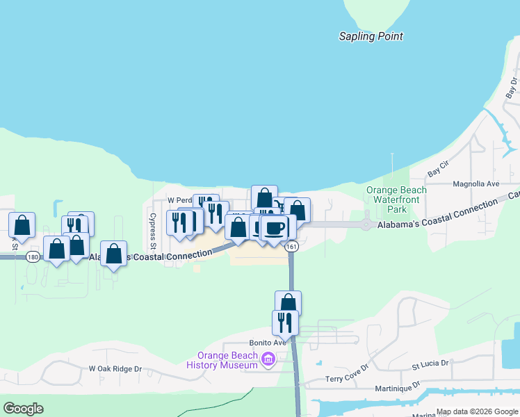 map of restaurants, bars, coffee shops, grocery stores, and more near 25861 Canal Road in Orange Beach