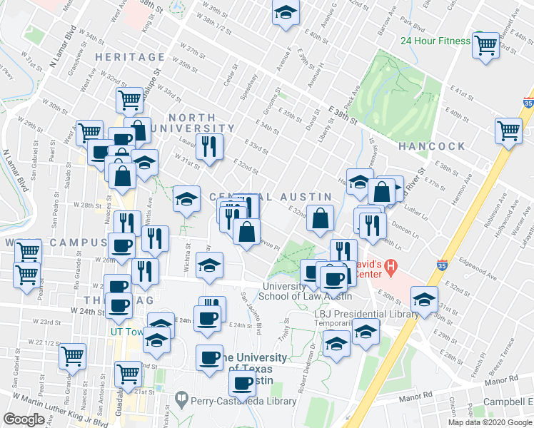 map of restaurants, bars, coffee shops, grocery stores, and more near 3105 Duval Street in Austin