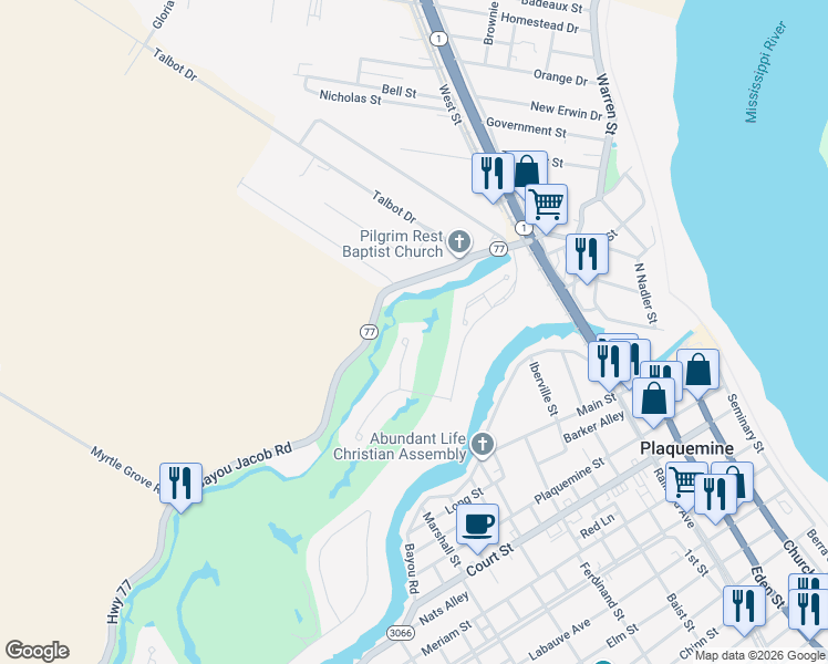 map of restaurants, bars, coffee shops, grocery stores, and more near 58415 Village Court in Plaquemine