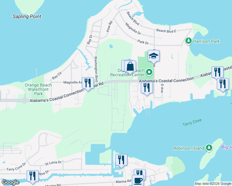 map of restaurants, bars, coffee shops, grocery stores, and more near in Orange Beach