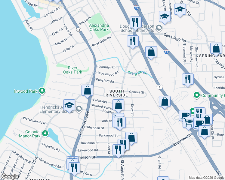 map of restaurants, bars, coffee shops, grocery stores, and more near 19 Danese Court in Jacksonville