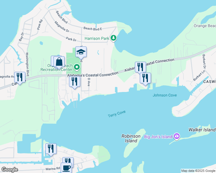 map of restaurants, bars, coffee shops, grocery stores, and more near 27580 Canal Road in Orange Beach