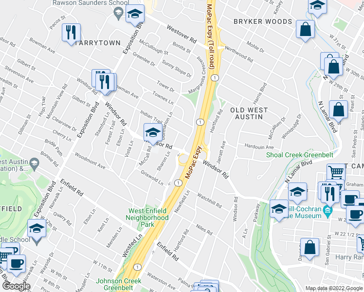 map of restaurants, bars, coffee shops, grocery stores, and more near 2400 Winsted Lane in Austin