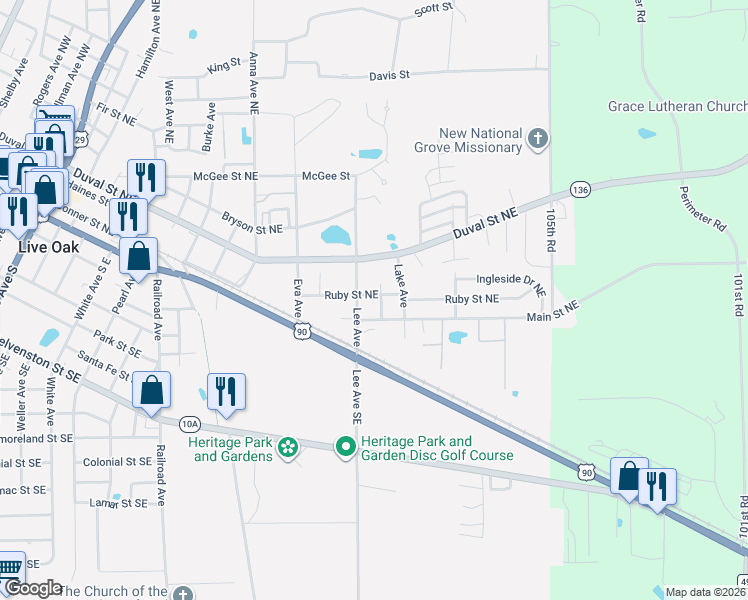 map of restaurants, bars, coffee shops, grocery stores, and more near 1203 Main Street Northeast in Live Oak