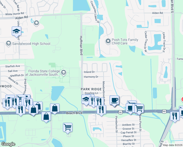 map of restaurants, bars, coffee shops, grocery stores, and more near 11920 Harmony Drive in Jacksonville